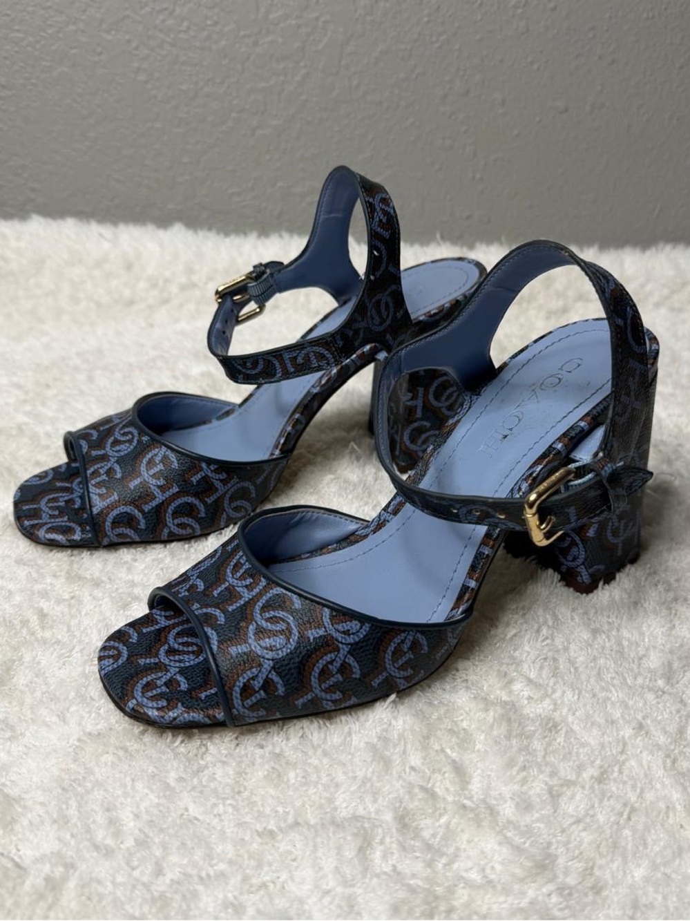 Coach Marla Signature Jacquard Block Heel Sandals Blue Monogram Size 7.5